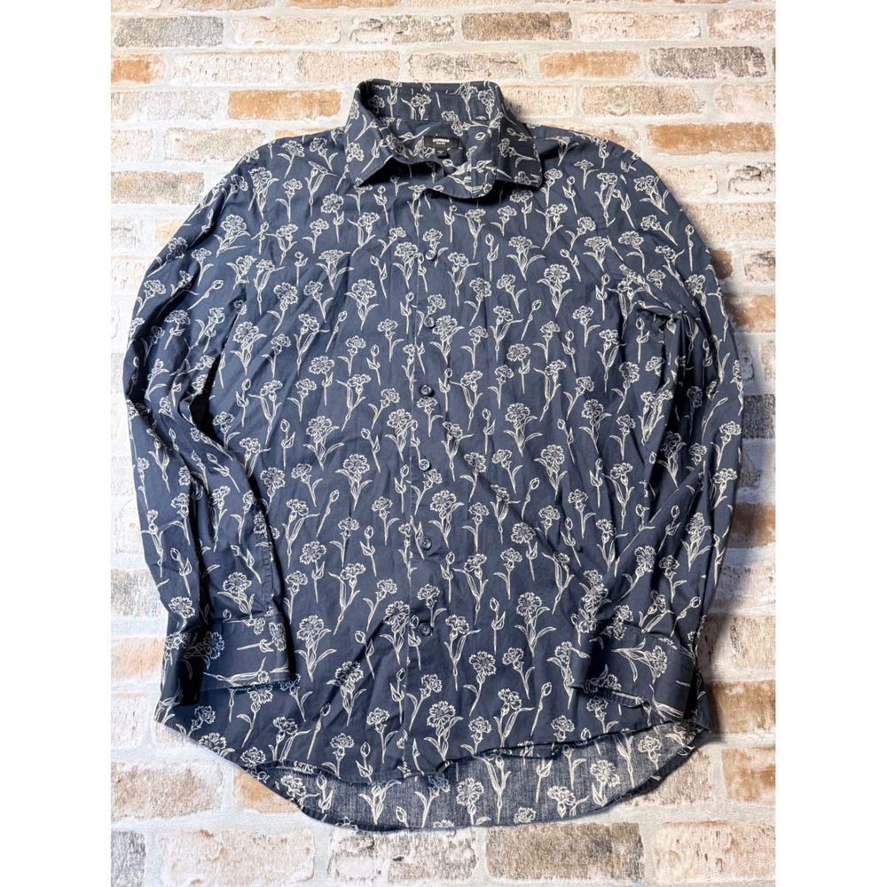 Express Slim 1MX Mens Navy Blue White Floral Button Down Shirt Medium M Long Slv